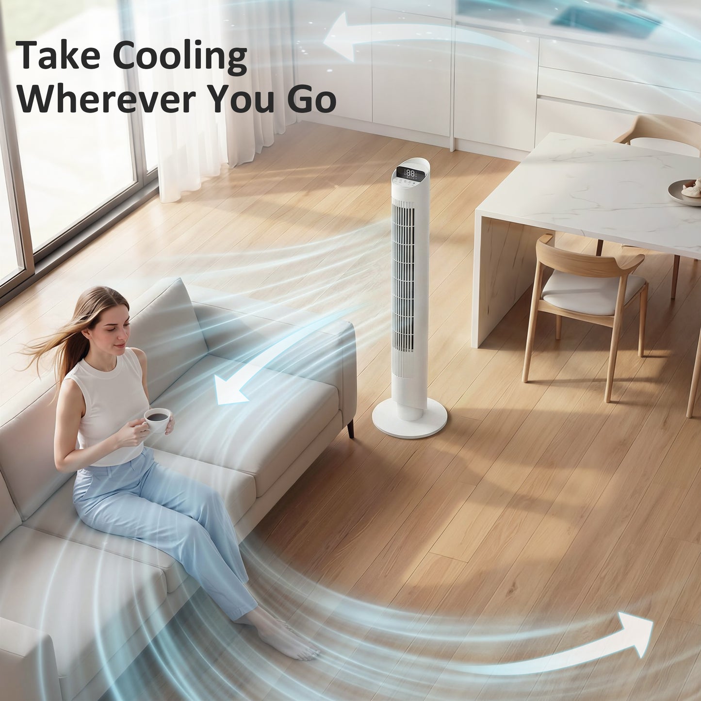 Tower Fan with WiFi App Control Standing Floor Cooling Fan Remote Control 101.8 cm White