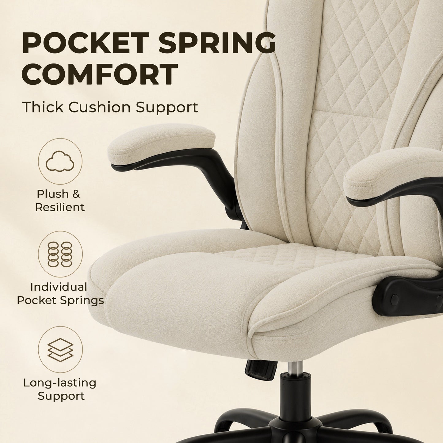Office Chair, Ergonomic Desk Chair with Flip-up Armrest, Pocket Springs, Swivel Wheels, Adjustable Height, Beige
