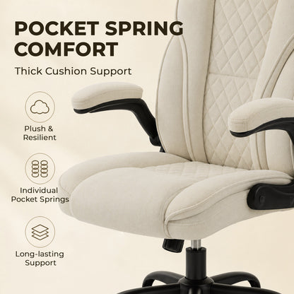 Office Chair, Ergonomic Desk Chair with Flip-up Armrest, Pocket Springs, Swivel Wheels, Adjustable Height, Beige