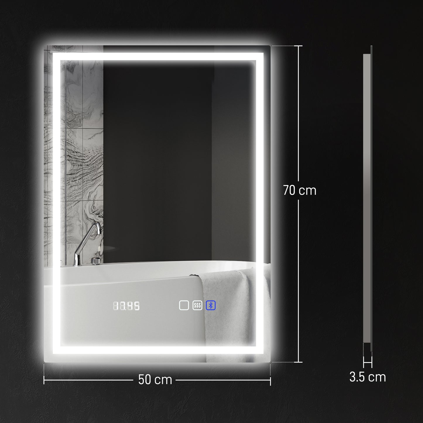 50 x 70 cm Anti-Fog LED Bathroom Mirror, with Bluetooth and Clock - Silver Tone