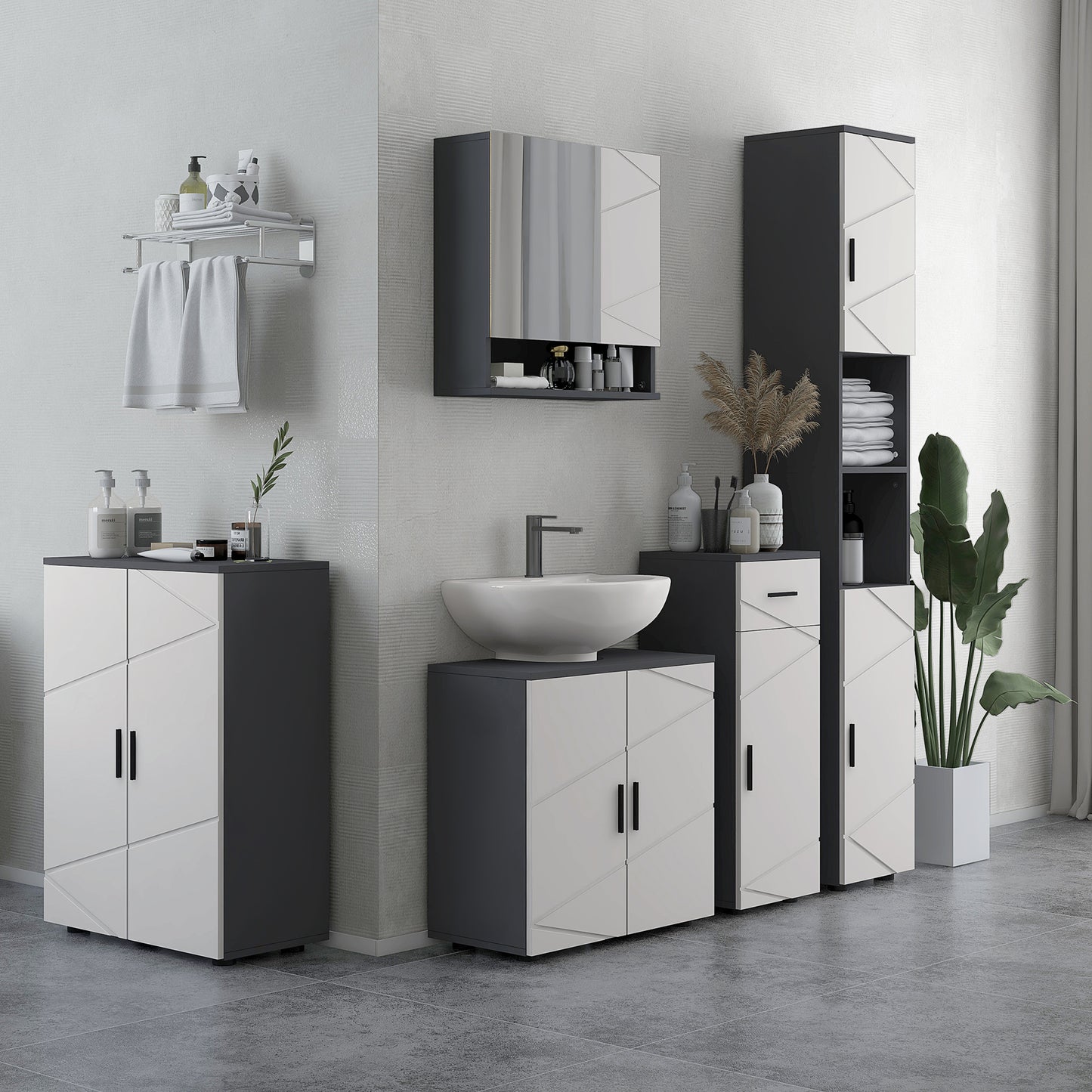 Line Embossed Tall Bathroom Storage Cabinet with Three-position Adjustable Shelves for Minimalist Style - Grey