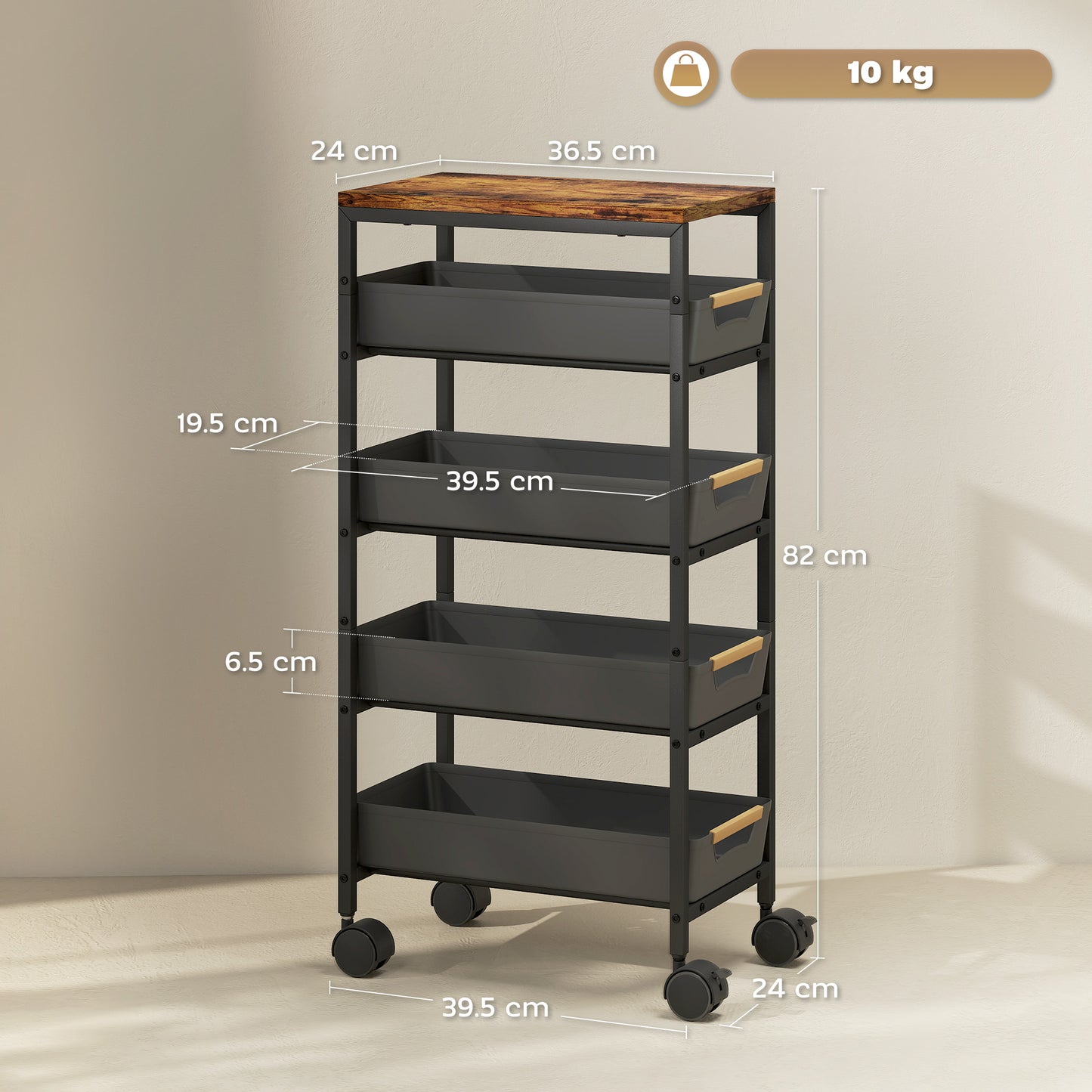 5-Tier Storage Trolley on Wheels - Black