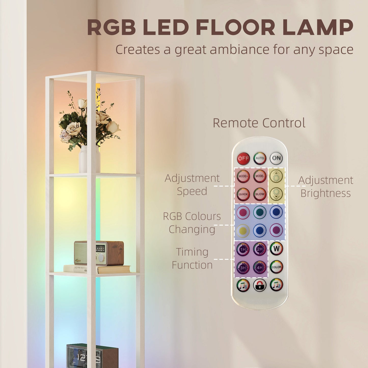 RGB LED Floor Lamp with Shelves, Modern Dimmable Standing Lamp with Remote Control