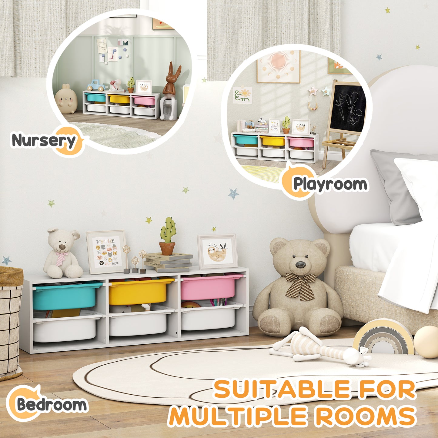 Low Height 2 Tiers Storage Organiser, Kids Toy Storage Unit with 6 Removable Bins for Bedroom, Nursery, Playroom