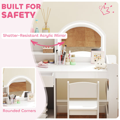 Kids Vanity Table and Chair Set, Girls Dressing Table with 2-Colour LED Mirror, Stool, Cabinet, Drawer, Shelves, White
