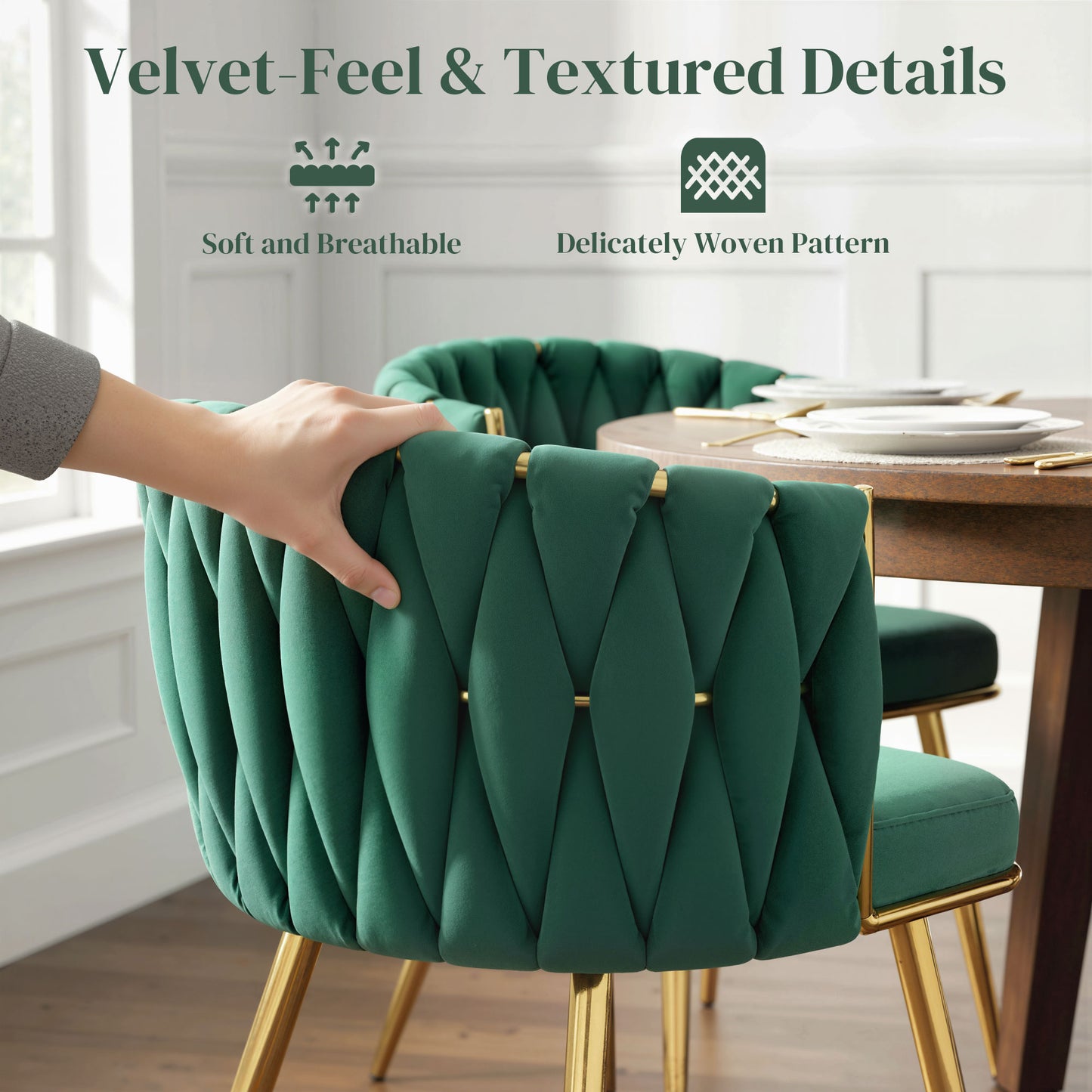 Velvet-Feel Dining Chairs Set of 2, Modern Upholstered Armchair with Knot Design and Golden Metal Legs