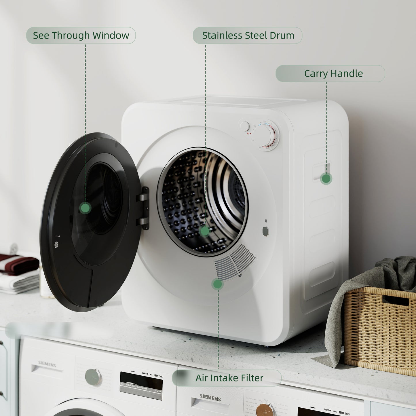 4kg Front Load Laundry Dryer, Portable Clothes Dryer with 2 Power Modes, 400W/800W, White