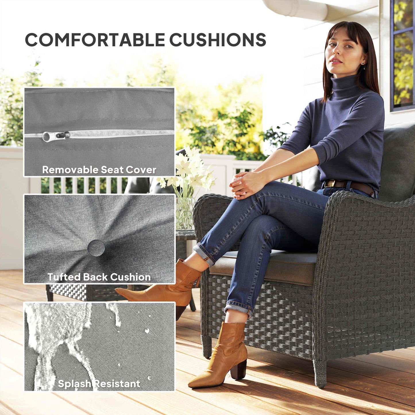 Rattan Garden Chairs Set of 2, Outdoor Rattan Chairs with Cushions, Armrests and High Back