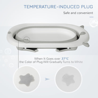 Foldable Baby Bathtub Set, Collapsible Bath Tub with Thermostatic Water Plug, Non-Slip Support, Cushion Pad, Drain Plugs