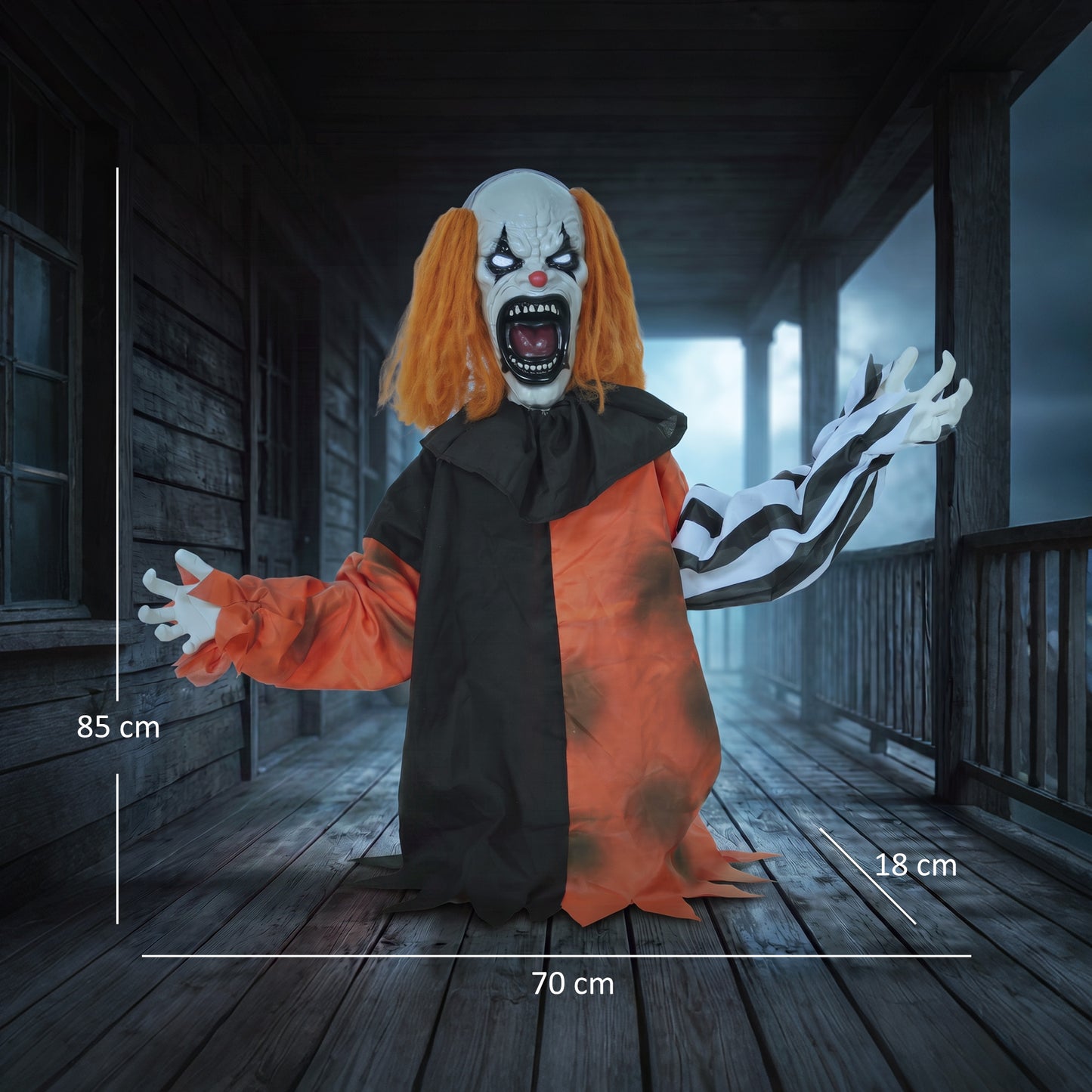 Animated Halloween Face Changing Clown, Animatronic Joker with Cackling Sound, Glowing Eyes, Sound/Touch Activated