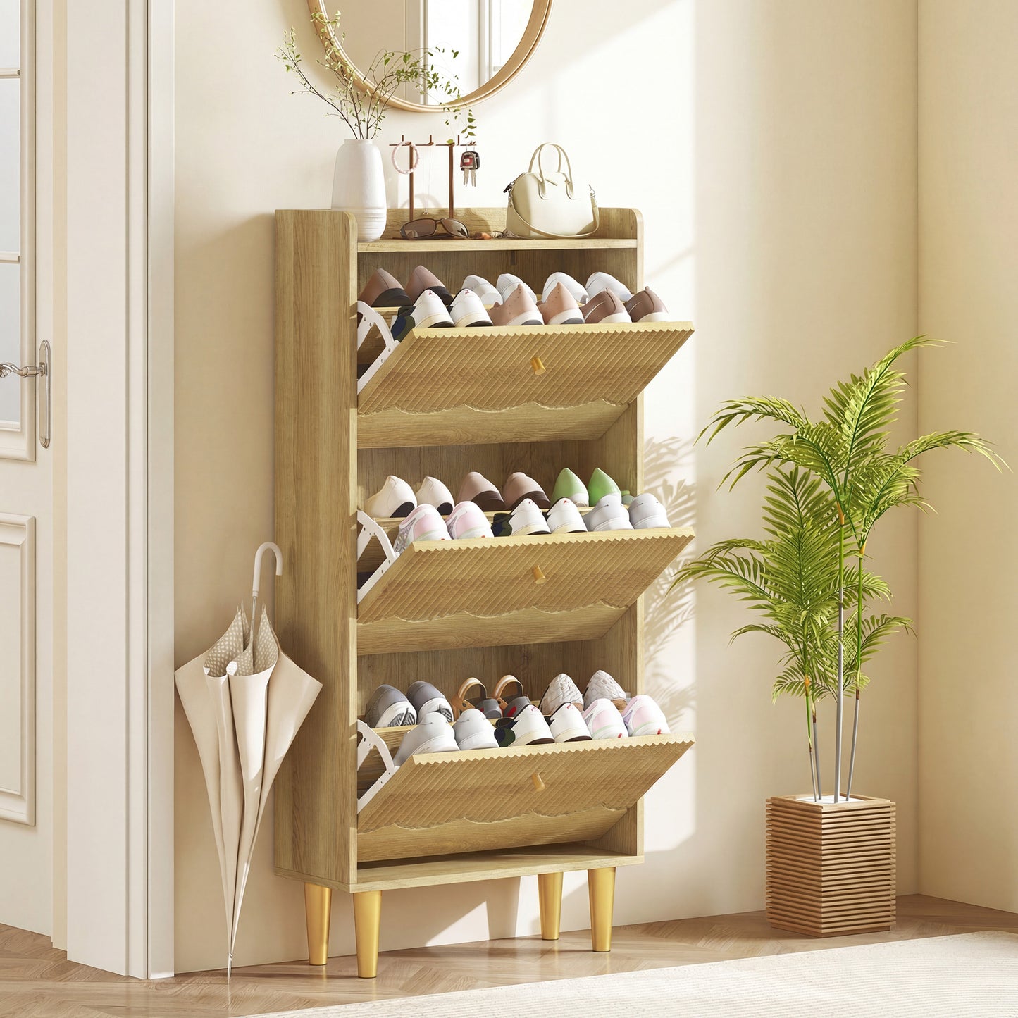 Narrow Shoe Cabinet, Modern Shoe Storage Cabinet with 3 Flip Drawers, Oak