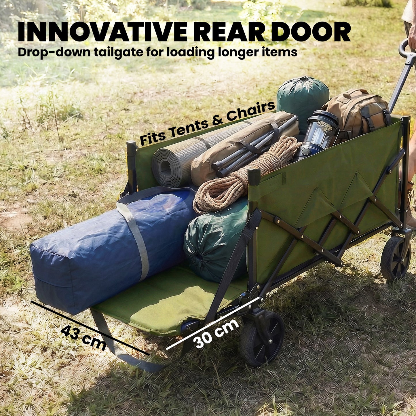 60L Foldable Festival Trolley on Wheels, Collapsible Wagon Cart with Drop-Down Tailgate, Adjustable Handle, Green