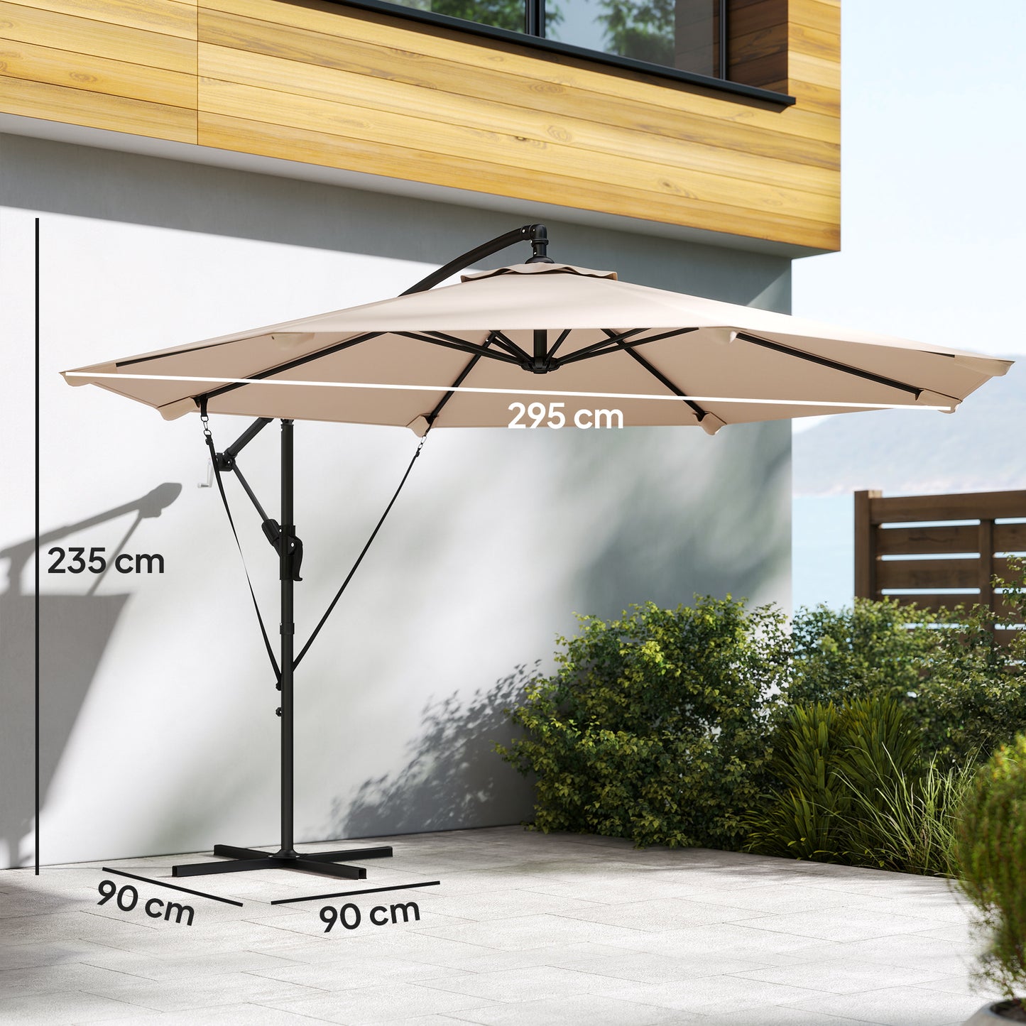 3 m Cantilever Parasol with Protective Cover and Wind Ropes, Banana Parasol with Crank Handle, Khaki