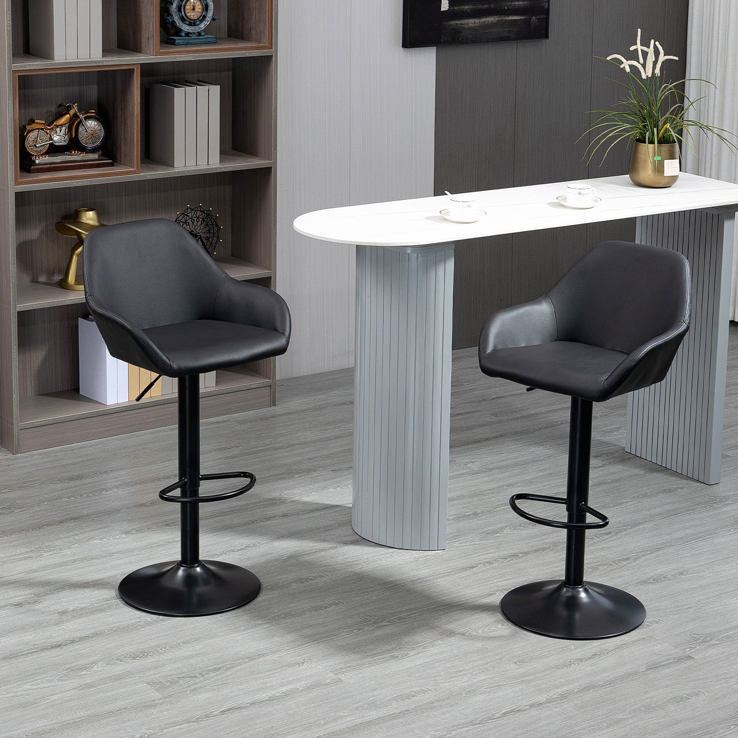 Adjustable Bar Stools Set of 2, Swivel PU Leather Barstools with Backrest & Footrest, Black