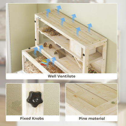 Wooden Hamster Cage with Hut, Wheel, Ramps, Removable Viewing Panels, 100 x 50 x 84 cm, Natural Wood