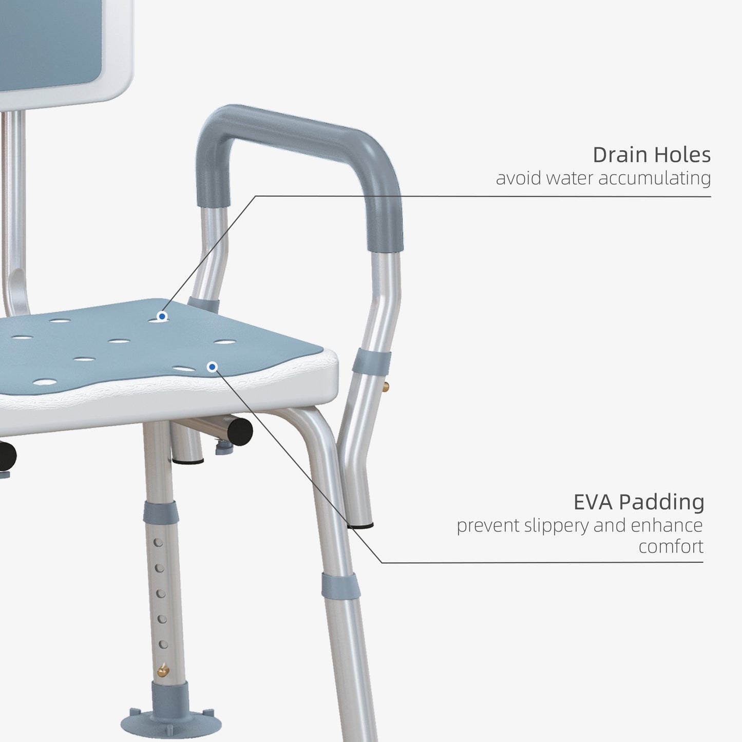 EVA Padded Shower Chair for the Elderly and Disabled, Height Adjustable Shower Stool with Back and Arms, 4 Suction Foot Pads