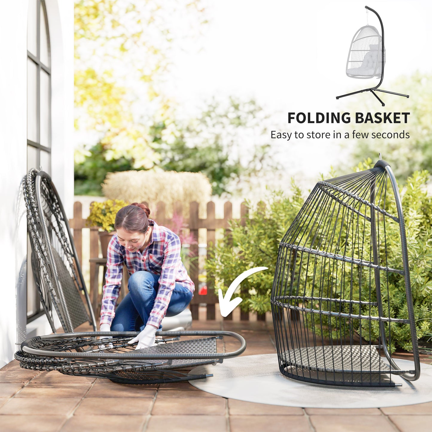 Rattan Hanging Egg Chair with Stand, Foldable Wicker Swing Egg Chair with Cushion, Head Pillow, Steel Frame