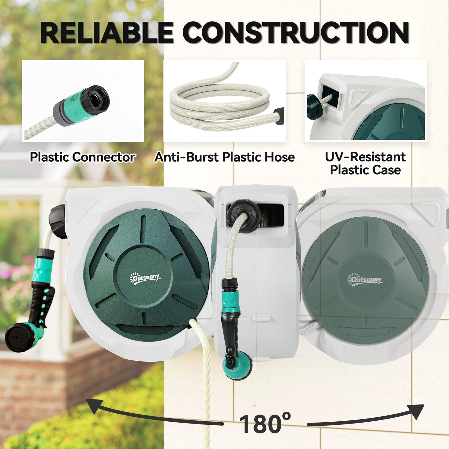 Retractable Hose Reel Wall Mounted, 30+2m Garden Hose Pipe Reel with Lock, Auto Rewind, 7 in 1 Spray Nozzle