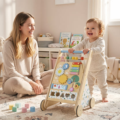 Wooden Baby Walker, Toddler Push Along Walker with Speed Control, Activity Centre and 5 Blocks for 18 Months+, Natural