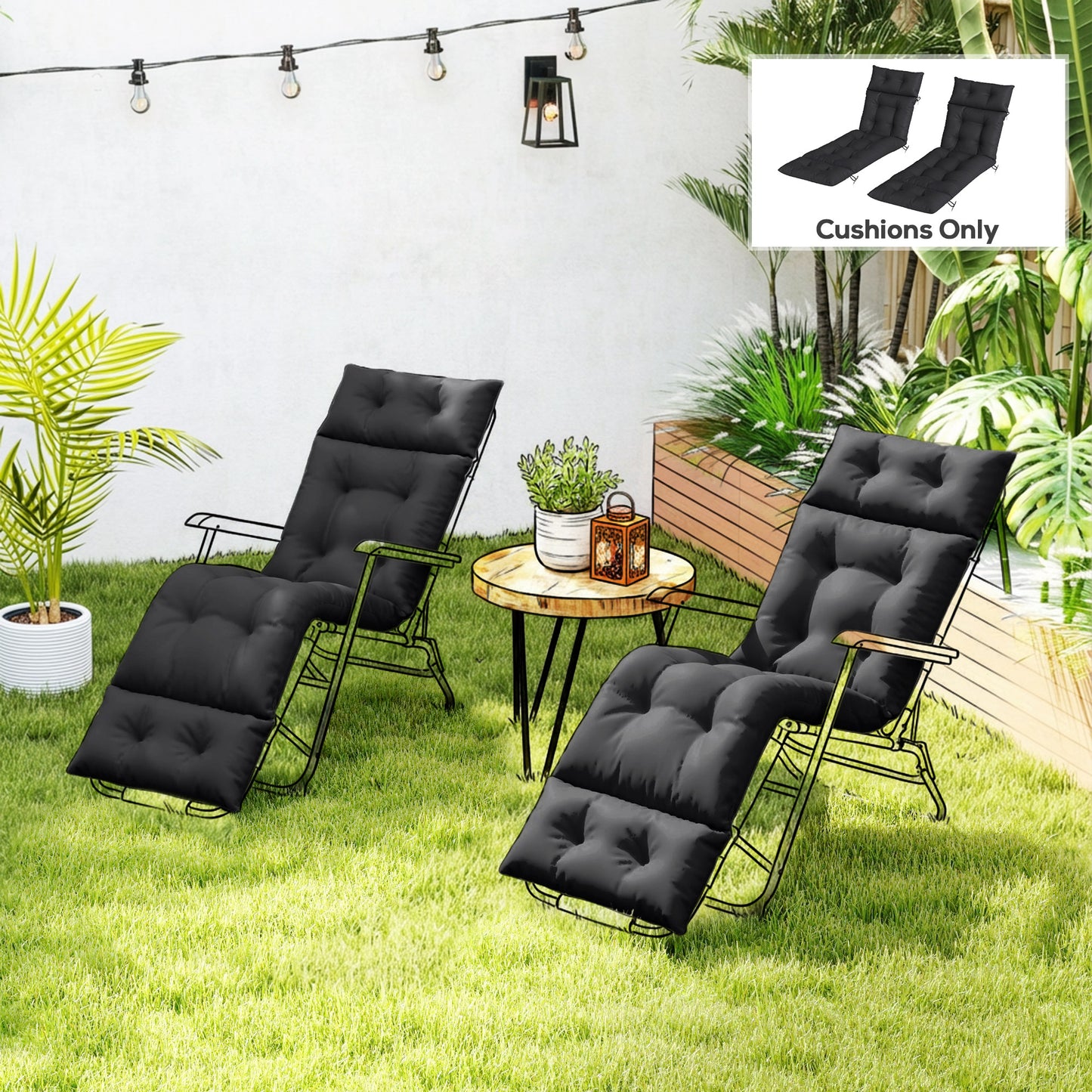 Set of Two 190 x 56cm Sun Lounger Cushions - Black