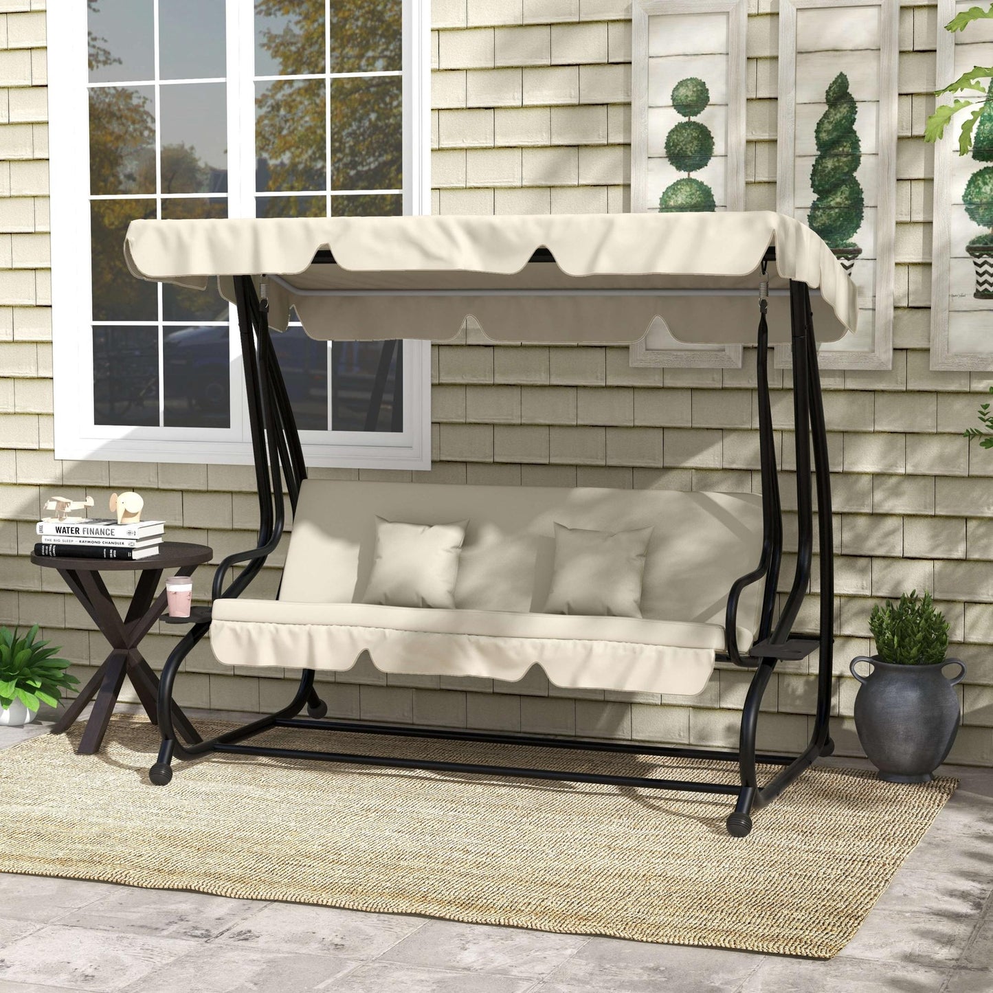Three-Person garden Swing Chair, with Adjustable Canopy - Cream