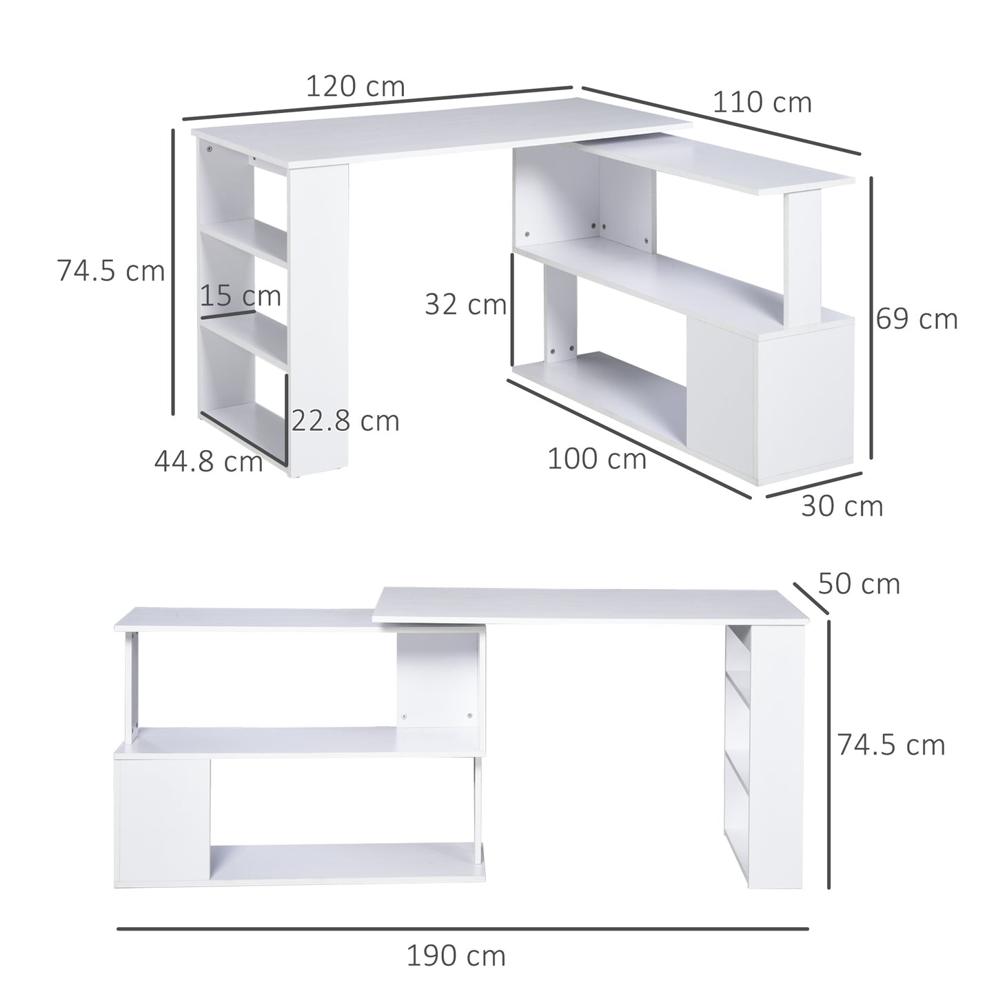 Corner Computer Desk, L Shaped Desk with 360° Rotating Bookshelf, 120L x 110W x 74.5H cm, White