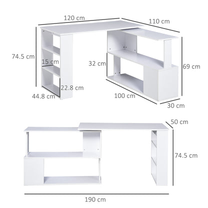 Corner Computer Desk, L Shaped Desk with 360° Rotating Bookshelf, 120L x 110W x 74.5H cm, White
