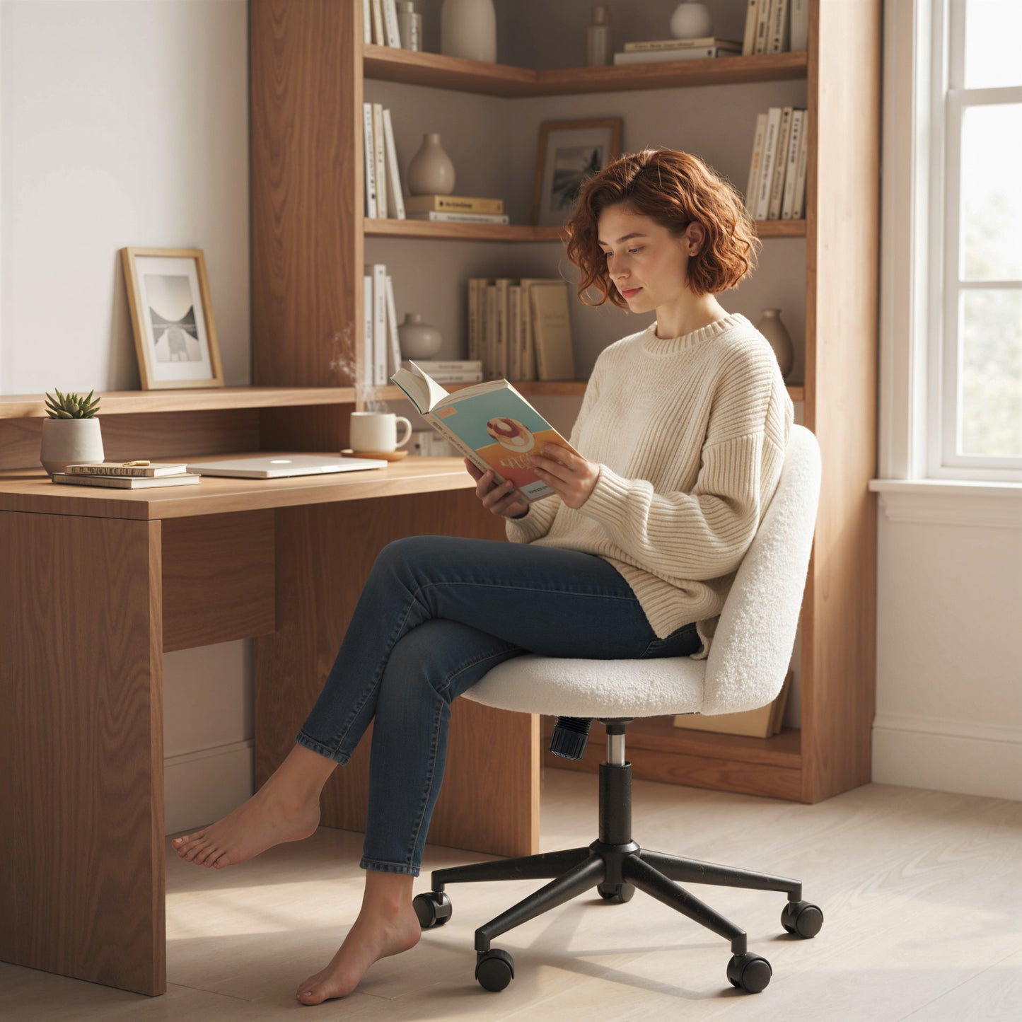 Teddy Fleece Office Chair with Wheels - Cream White