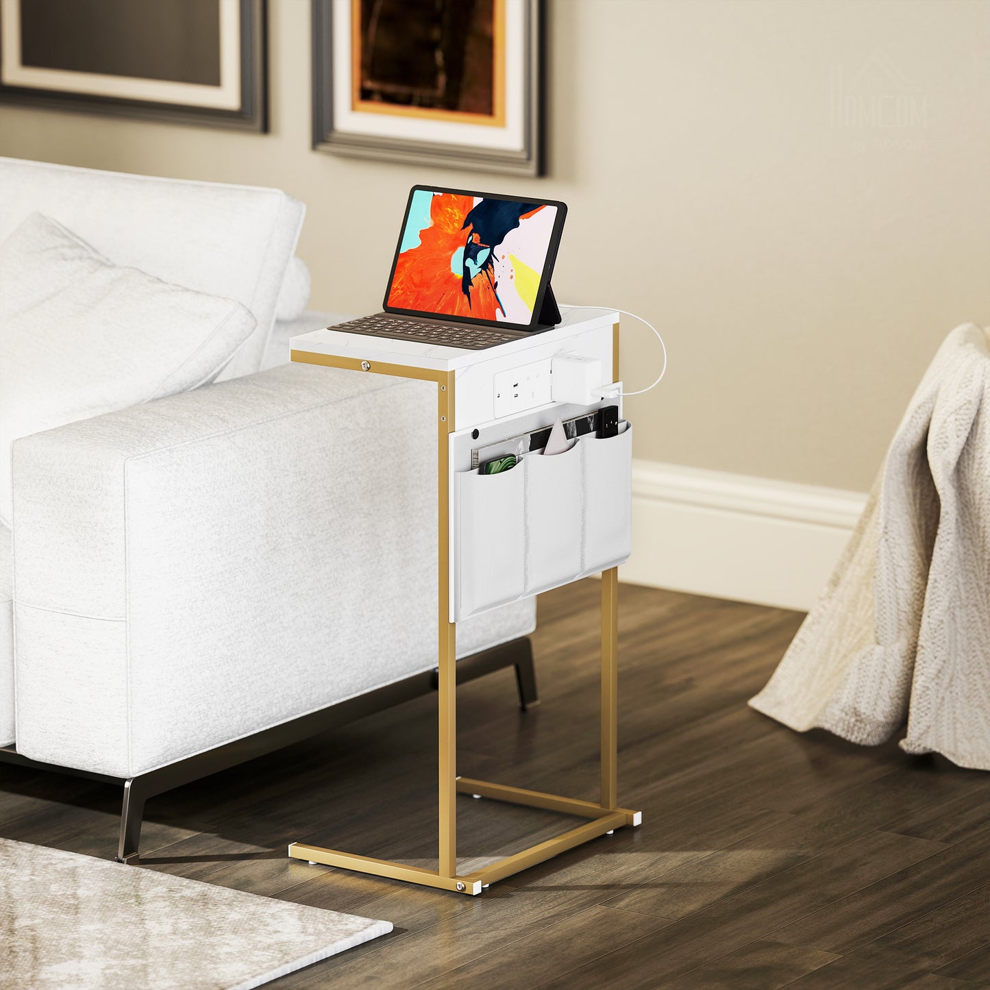 C-Shaped Bedside Table with Charging Station, Marble Grain Side Table with Power Outlets & USB Ports, Storage Bags