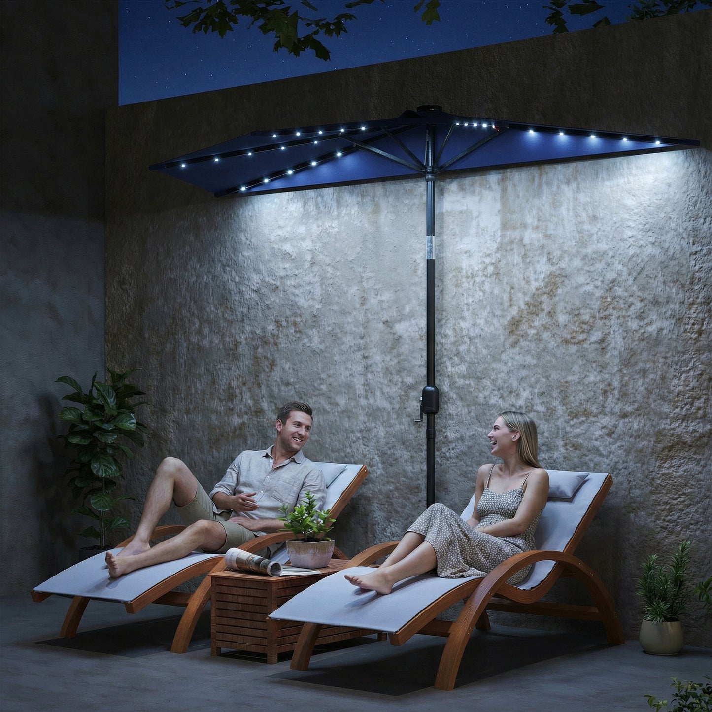 2.6 m Half Garden Parasol with Solar LED Lights, UPF50+ Semi Round Umbrella with 30° Tilt, Crank Handle, Dark Blue