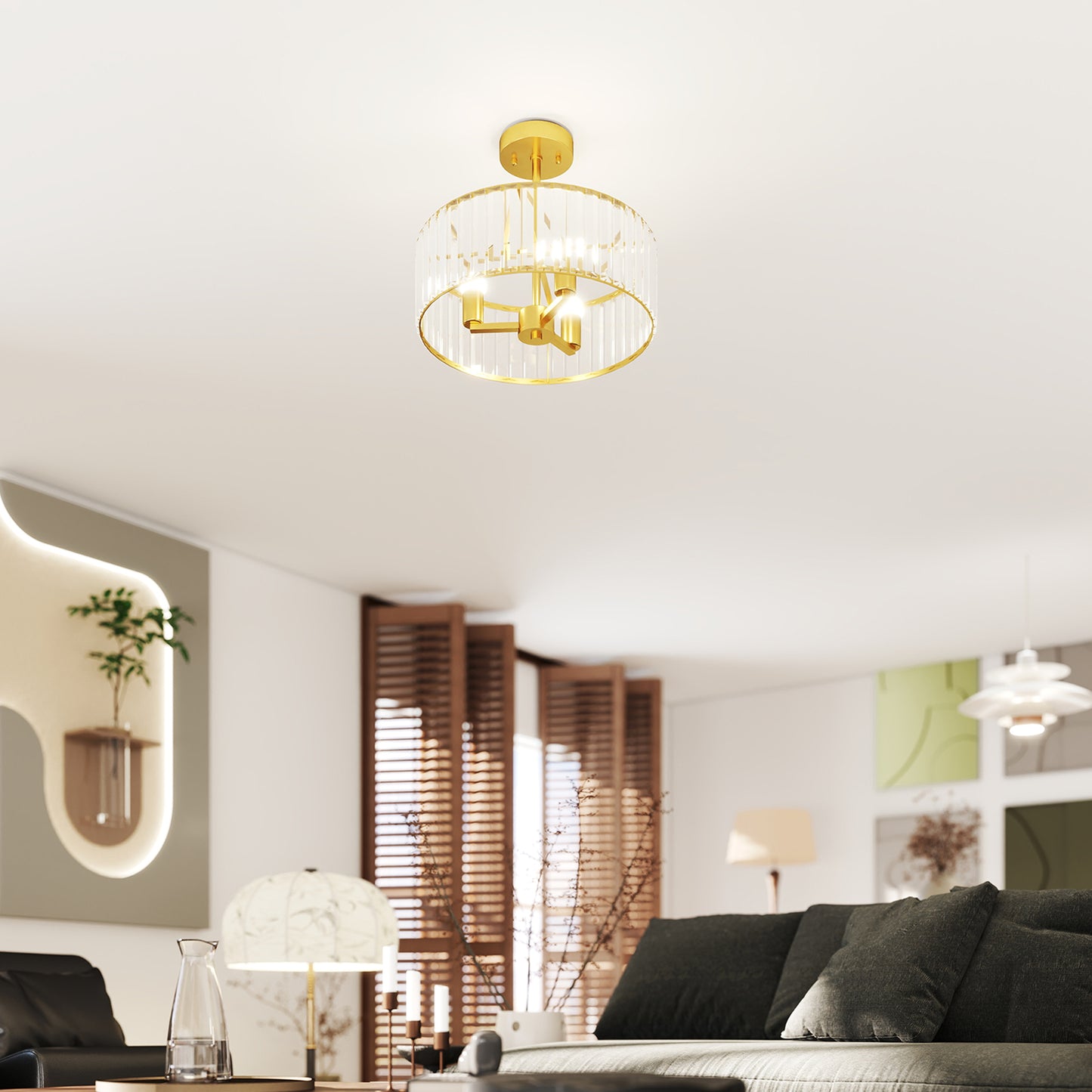 Crystal Ceiling Light Fixture, 39 cm Semi Flush Mount Modern Crystal Chandelier Ceiling Light for Living Room, Bedroom