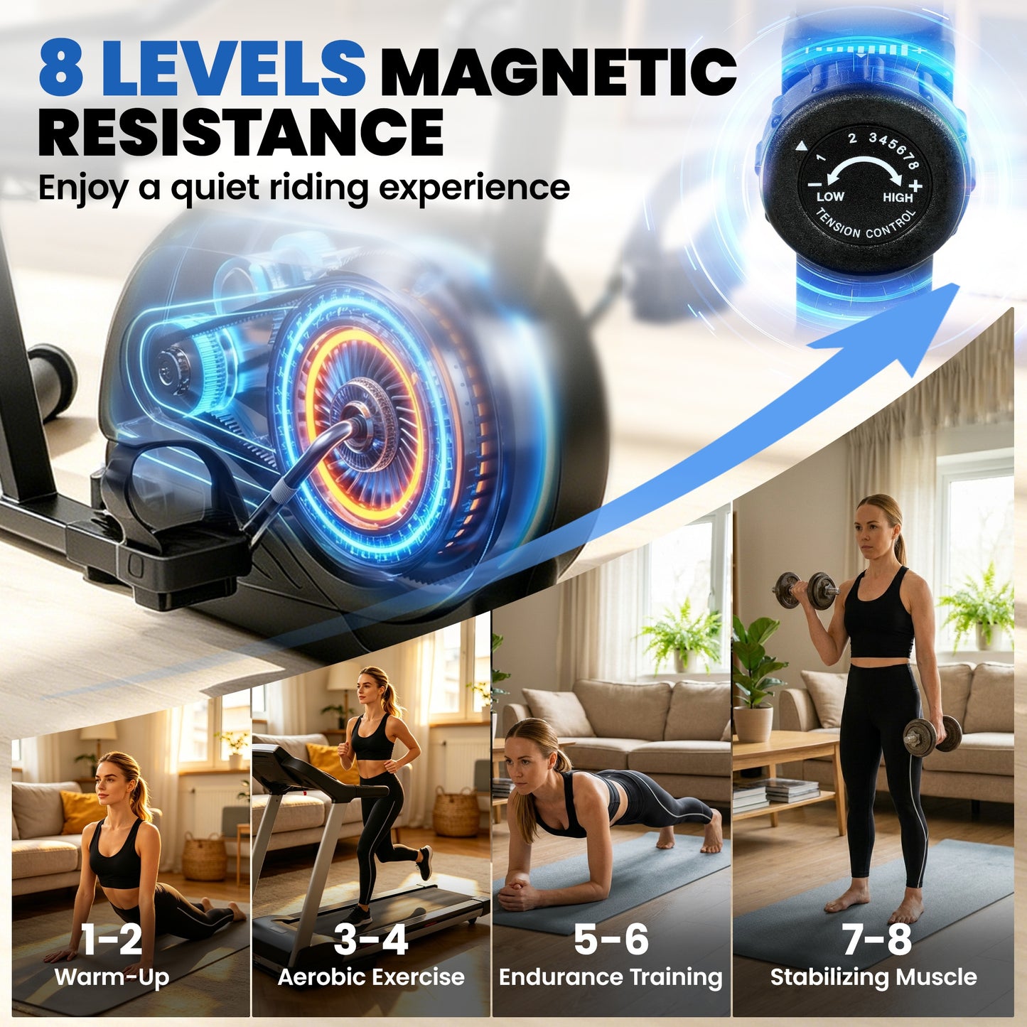 Recumbent Exercise Bike for Home, Stationary Bike with Bluetooth, App Connectivity, Quiet 8-Level Magnetic Resistance