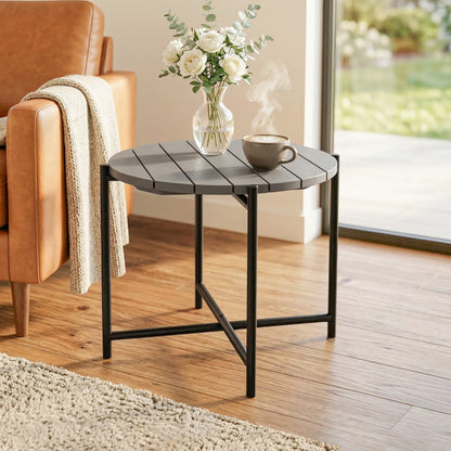 54 cm Round Outdoor Side Table, Industrial Small Garden Table with Slatted Wood Top and Metal Frame, Dark Grey