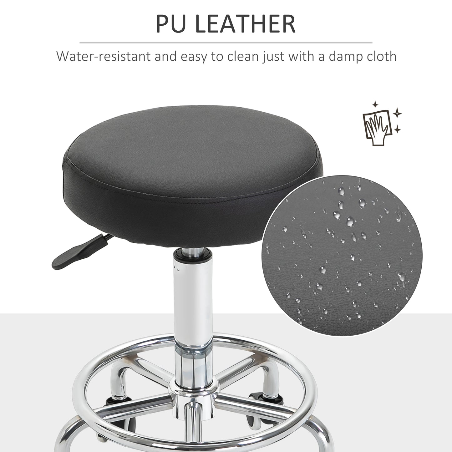 Round Rolling Stool, PU Leather Height Adjustable Stool Chair with Wheels and Swivel Seat for Salon, Massage, Spa