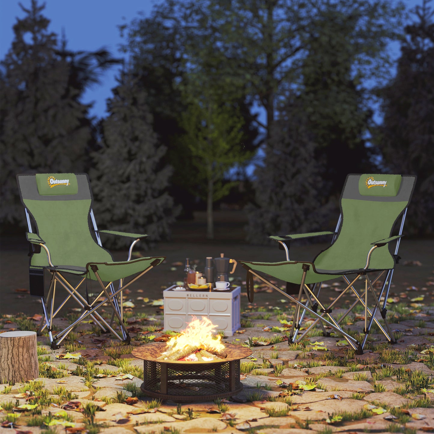 Set of 2 Reclining Folding Camping Chair w/ Detachable Footrest, Storage Bag, Cup Holder & Headrest