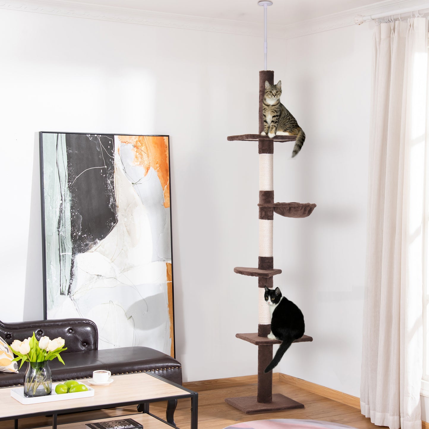 Floor to Ceiling Cat Tree 230-260cm Height Adjustable, 5-Tier Cat Tower with Scratching Posts, Hammock, Perches