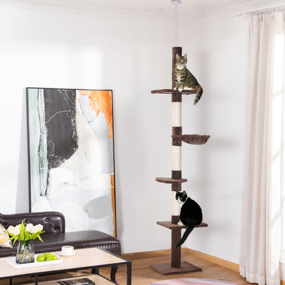 Floor to Ceiling Cat Tree 230-260cm Height Adjustable, 5-Tier Cat Tower with Scratching Posts, Hammock, Perches
