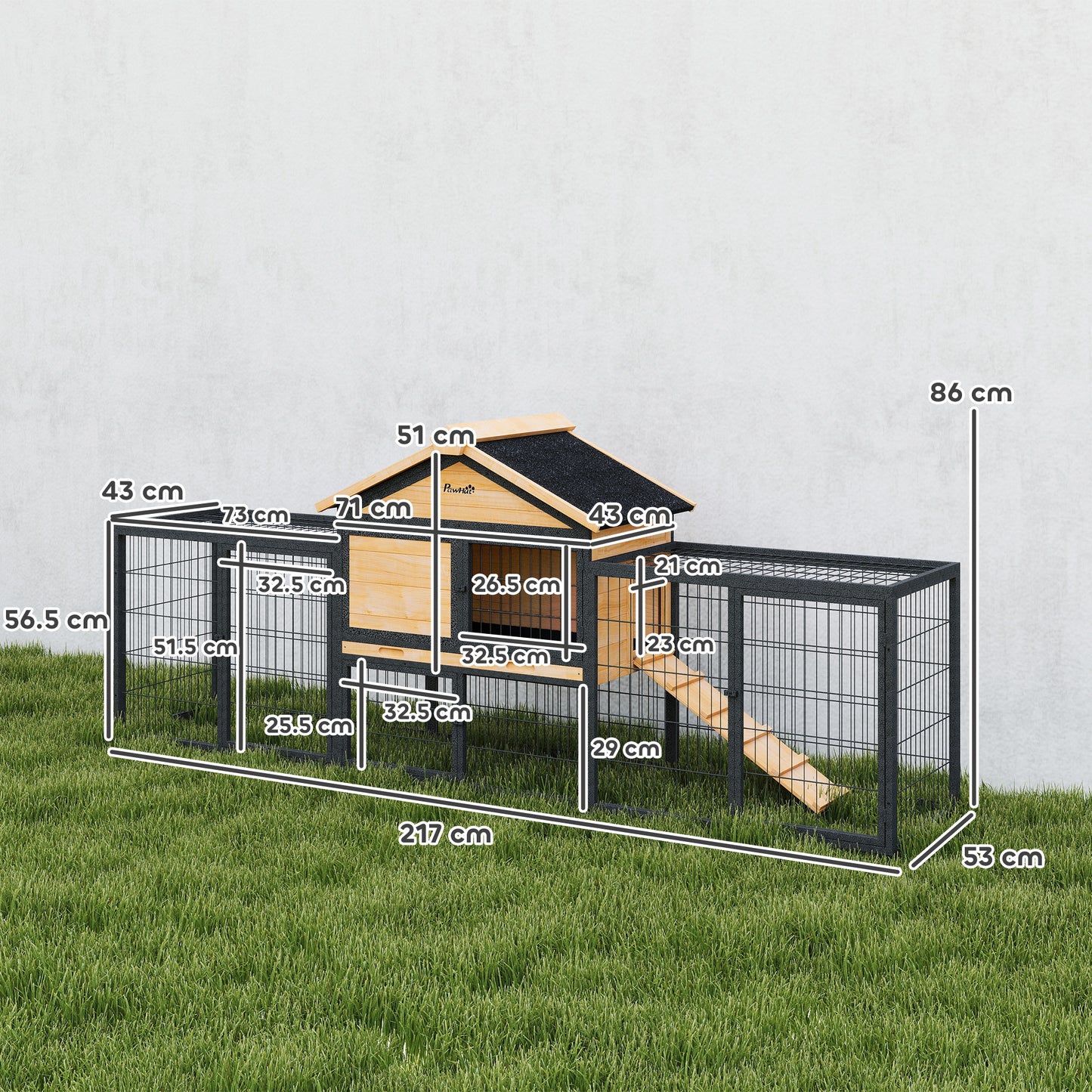 Wooden Rabbit Hutch Outdoor with Steel Run, Wooden Guinea Pig Cage with Removable Plastic Tray, Asphalt Roof, Ramp