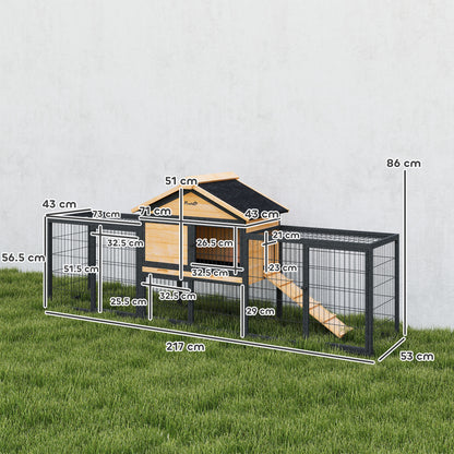 Wooden Rabbit Hutch Outdoor with Steel Run, Wooden Guinea Pig Cage with Removable Plastic Tray, Asphalt Roof, Ramp