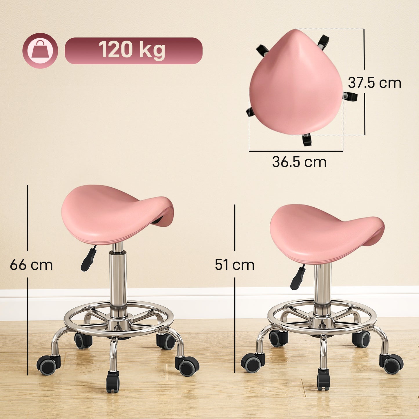 Salon Saddle Stool, Rolling Saddle Chair for Massage, Spa, Clinic, Beauty, Hairdressing and Tattoo, Pink