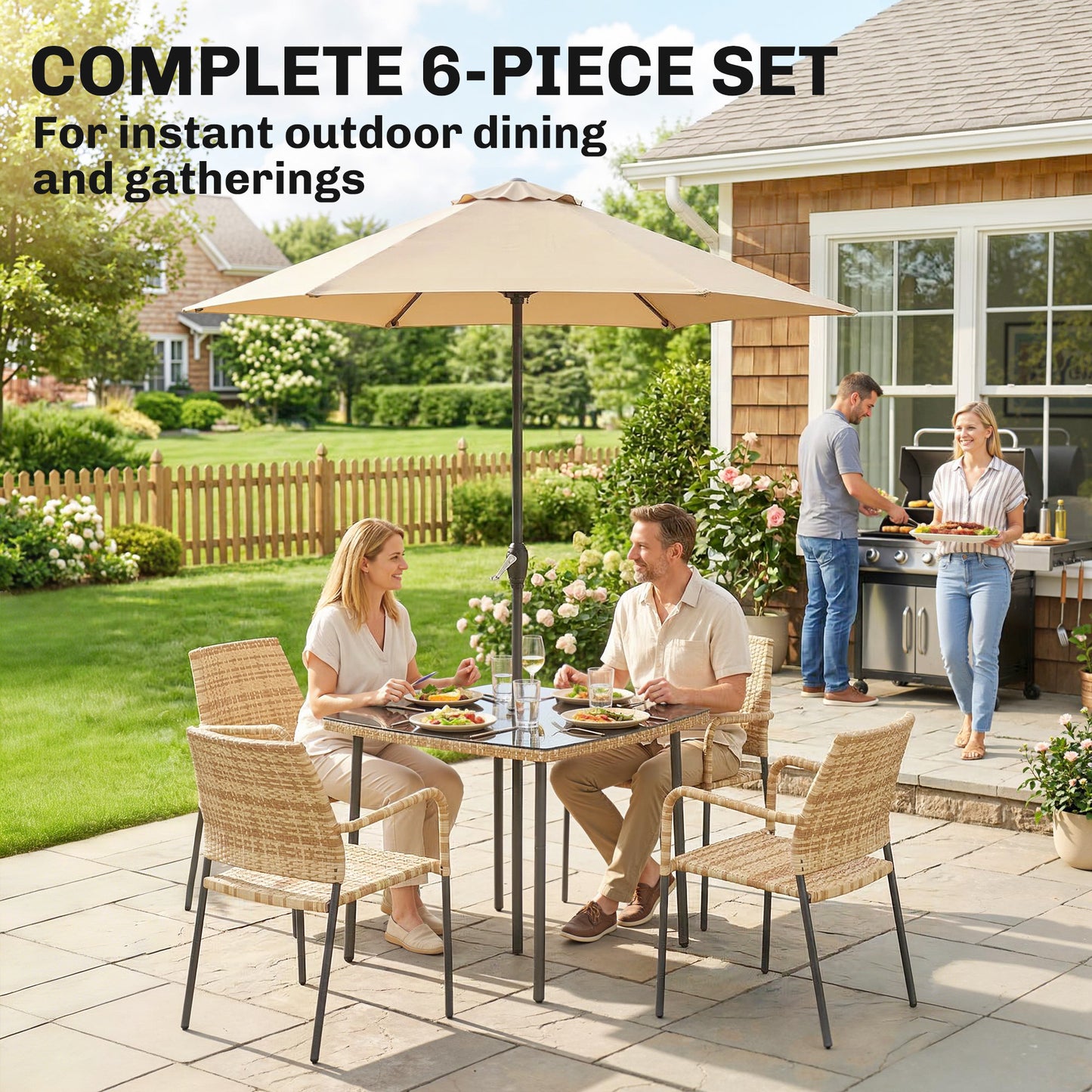 4 Seater Rattan Dining Set with Parasol, 6 Piece Garden Table and Stackable Chairs with Tempered Glass Tabletop