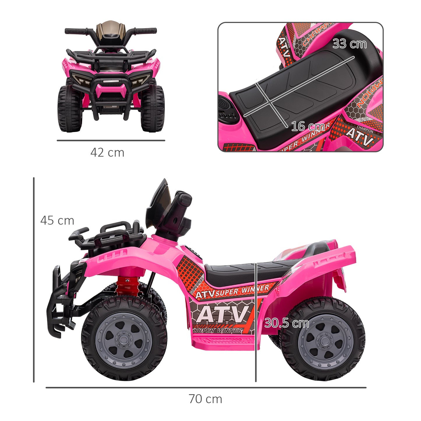 6V Kids Electric Ride on Car Toddlers Quad Bike All Terrain Vehicle Toy With Music for 18-36 months Pink