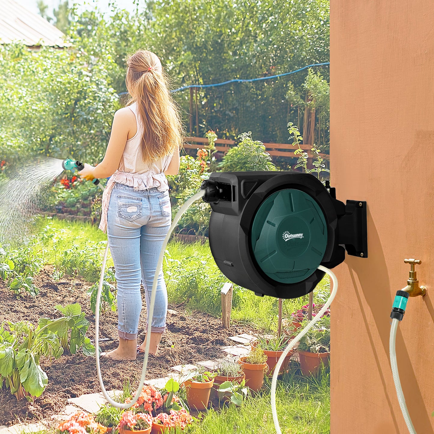 Retractable Hose Reel Wall Mounted, 30+2m Garden Hose Pipe Reel with Lock, Auto Rewind, 7 in 1 Spray Nozzle