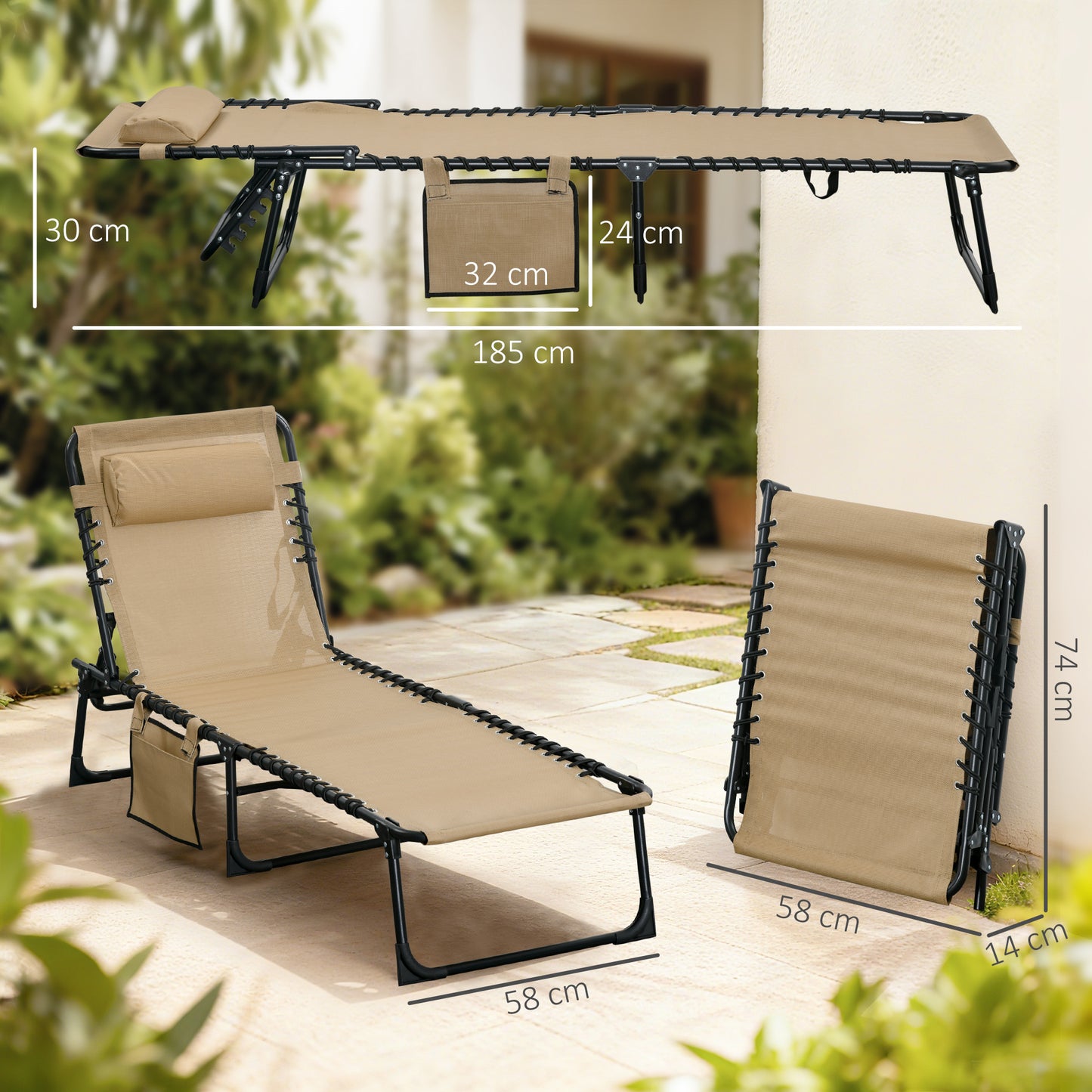 Portable Sun Lounger, Folding Camping Bed Cot, Reclining Lounge Chair 5-position Adjustable Backrest with Side Pocket