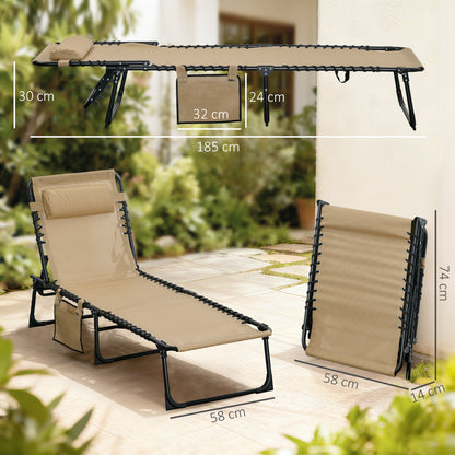 Portable Sun Lounger, Folding Camping Bed Cot, Reclining Lounge Chair 5-position Adjustable Backrest with Side Pocket