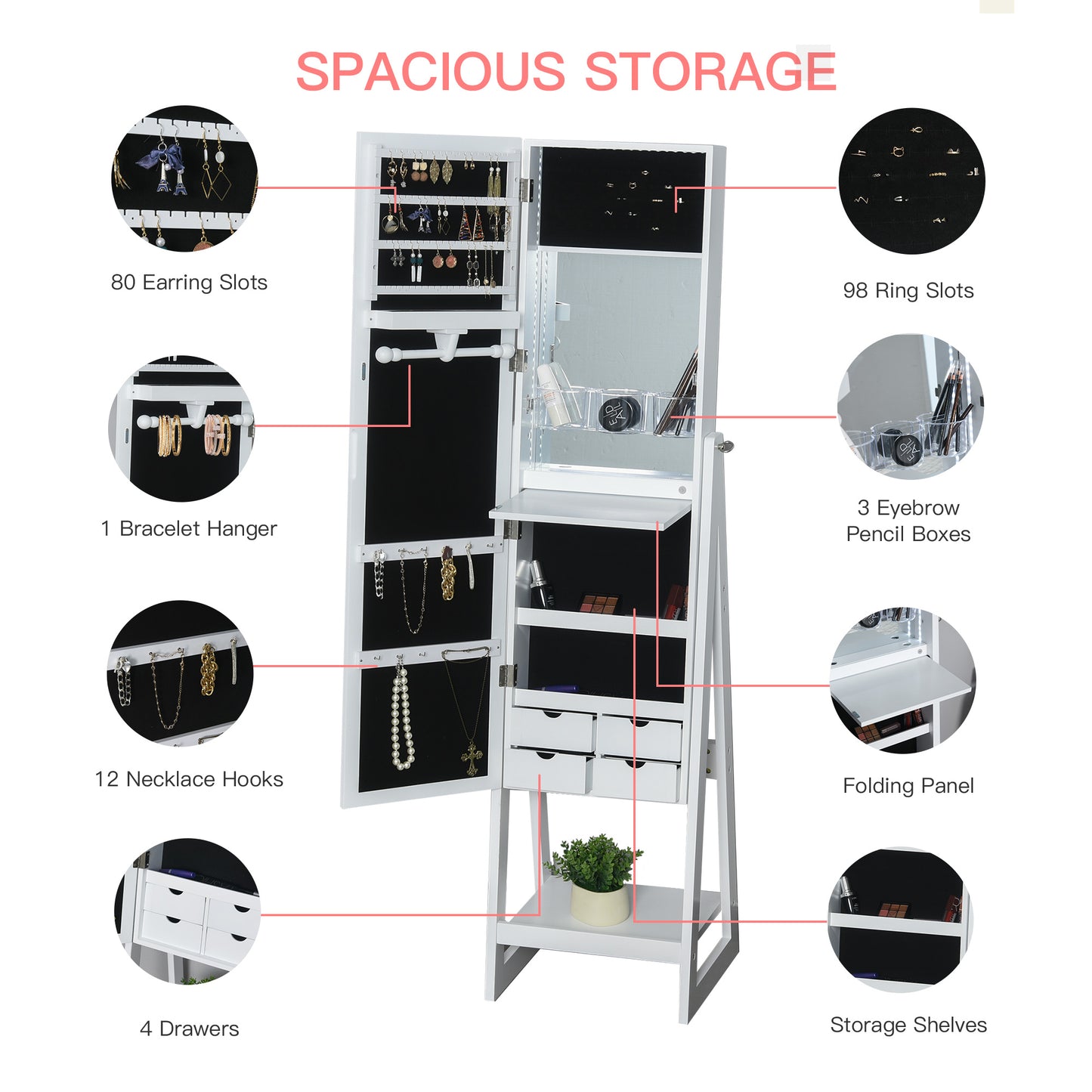 Jewellery Cabinet, Standing Mirror with LED Lights, Full-Length Mirror with Storage Drawers, Hooks and Shelves