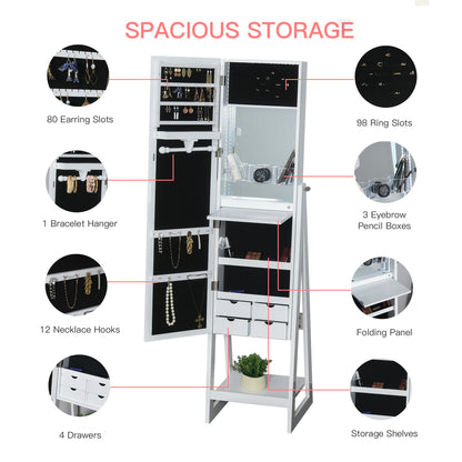 Jewellery Cabinet, Standing Mirror with LED Lights, Full-Length Mirror with Storage Drawers, Hooks and Shelves