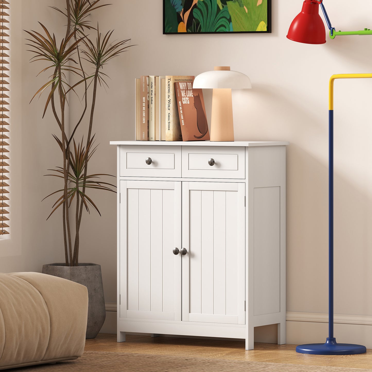75x60cm Freestanding Bathroom Storage Cabinet Unit w/ 2 Drawers Cupboard Adjustable Shelf Metal Handles Traditional Style Whi