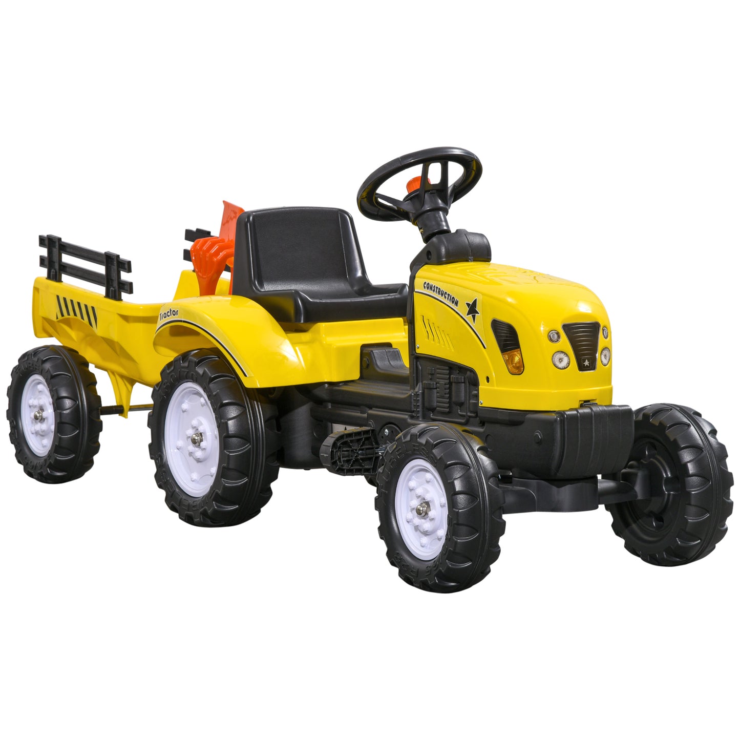 Kids Ride on Tractor with Back Trailer, Shovel & Rake, Horn, Four Wheels Tractor Toy for Child Toddler
