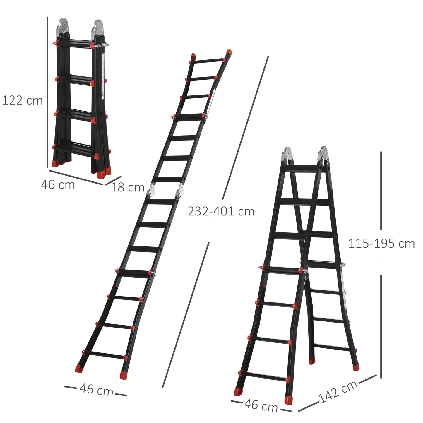 4M Aluminium Duo Ladder Telescopic Herringbone Changeable Multi-Purpose w/ Non-Slip Steps Climbing DIY Platform Portable Work